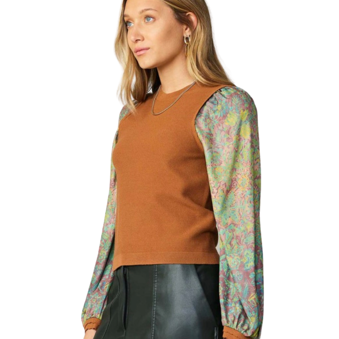 Apparel- Current Air Floral Print Sleeve Camel Vest Sweater