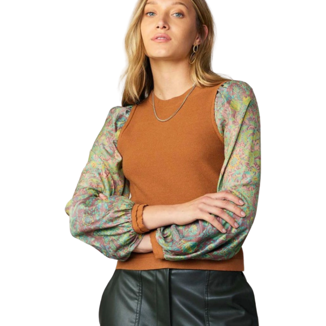 Apparel- Current Air Floral Print Sleeve Camel Vest Sweater