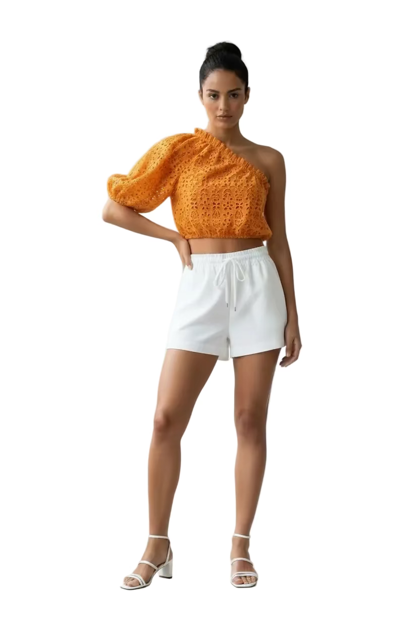 Just Bellina Tangerine Eyelet One Shoulder Top