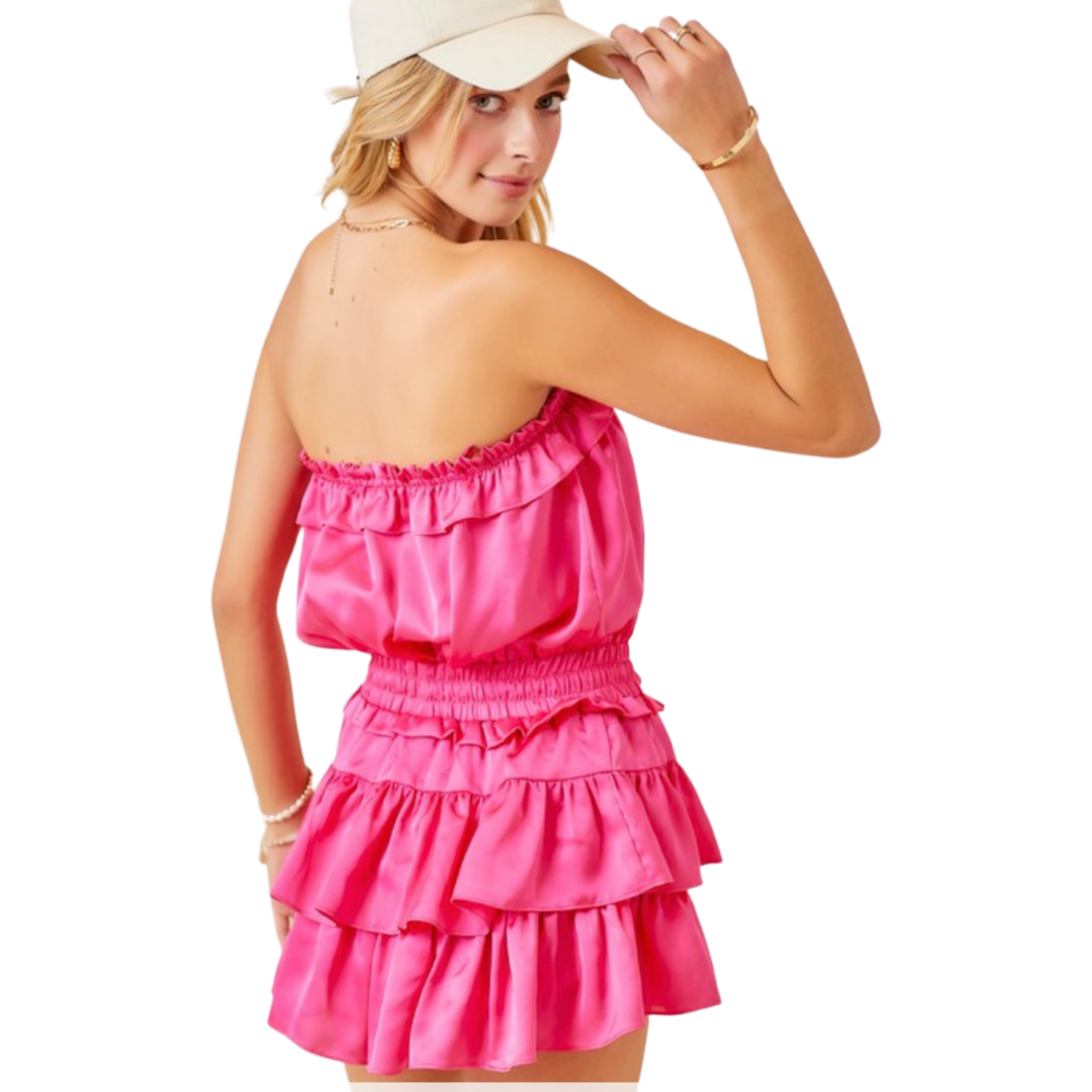 Apparel - Day+Moon Satin Strapless Ruffle Detail Flounce Romper Dress