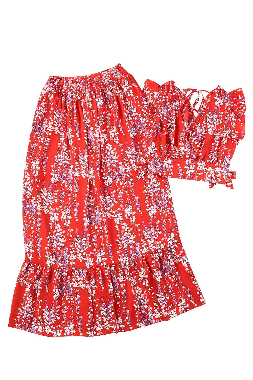 Apparel- PartyEight Multicolor Floral Ruffled Crop Top and Maxi Skirt Set