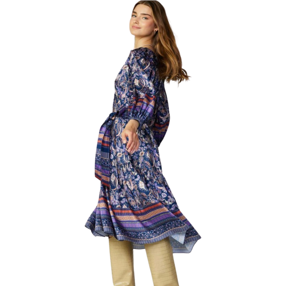 Apparel- Current Air Wrinkled Sleeve Border Print Midi Dress