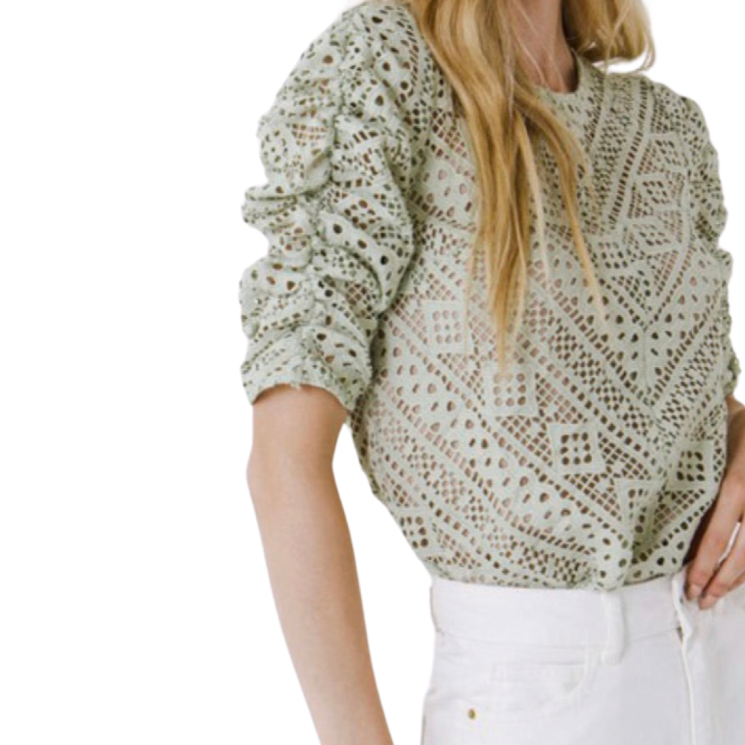 Apparel- English Factory Athans All Over Lace 3/4 Sleeve Top Sage