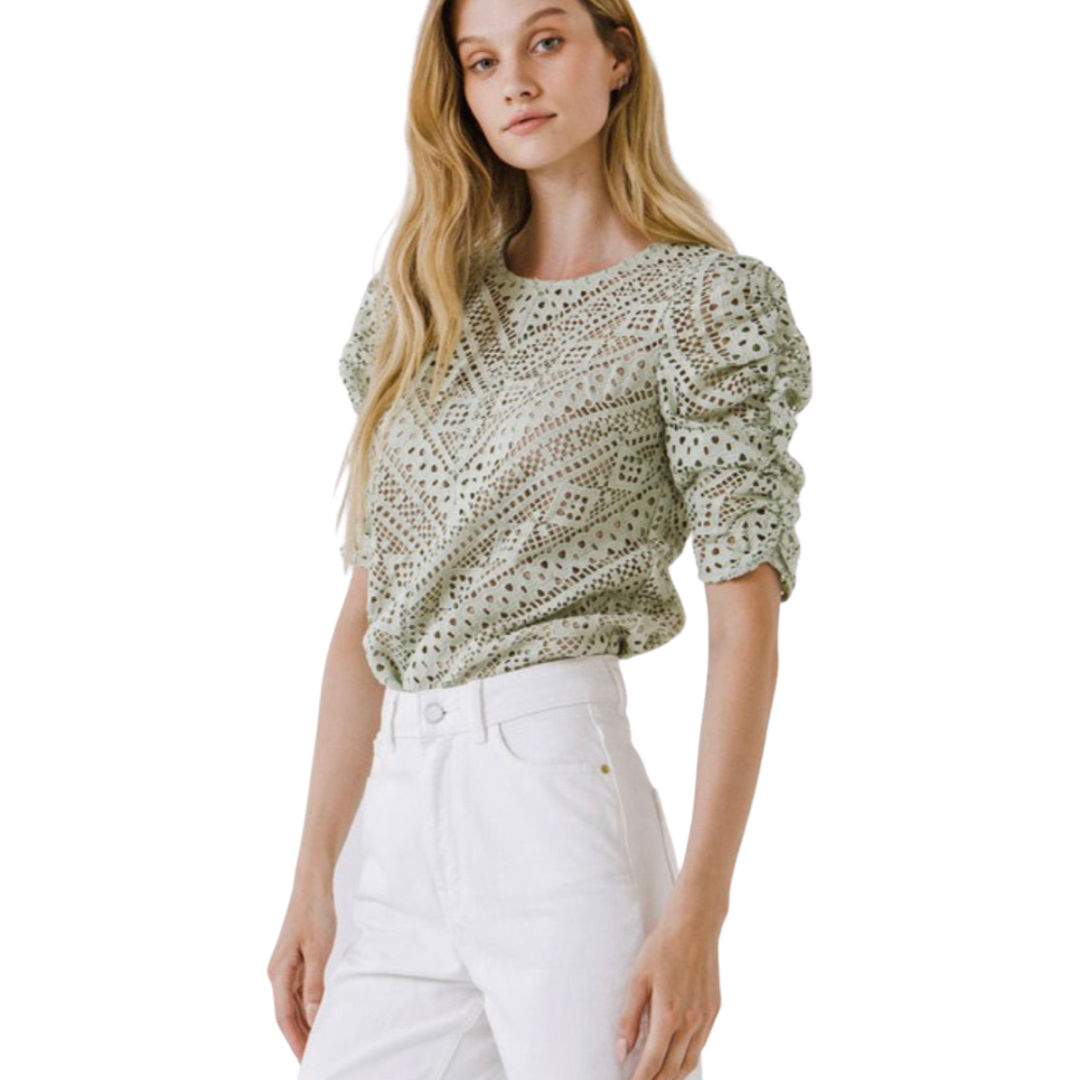 Apparel- English Factory Athans All Over Lace 3/4 Sleeve Top Sage