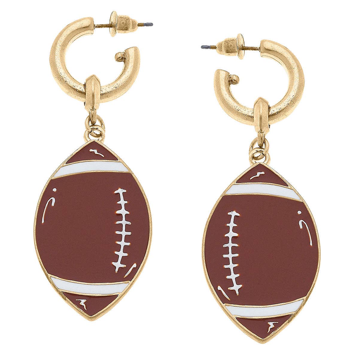 Earrings- Canvas Game Day Enamel Football Drop Hoop Earrings in Worn Gold