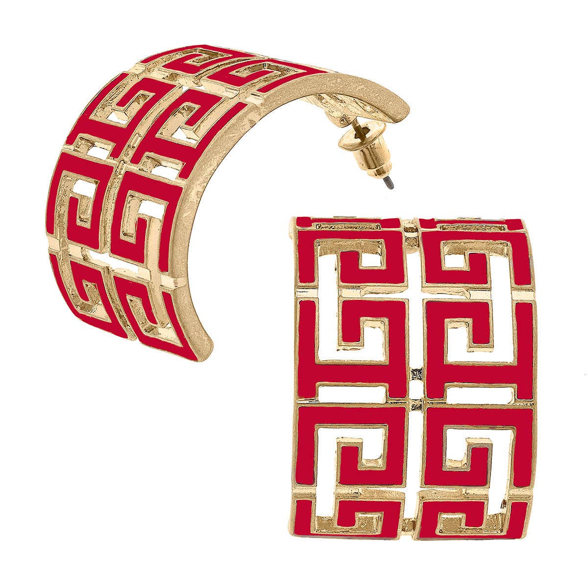 Earrings- Canvas Brennan Game Day Greek Keys Enamel Hoop Earrings in Red