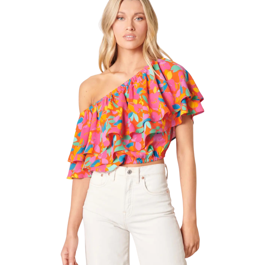 Apparel- Sugarlips Sweet Soul Fruity Floral One Shoulder Ruffle Top