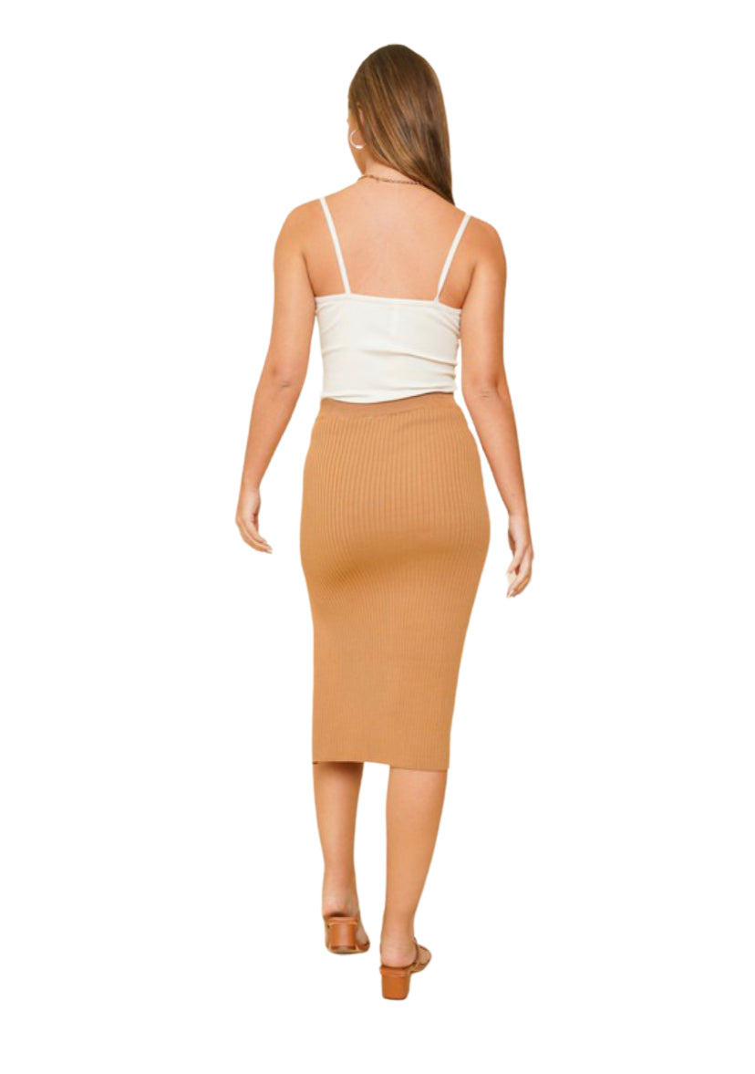 Apparel- Hem and Thread Side Slit Ribbed Midi Sweater Skirt Camel