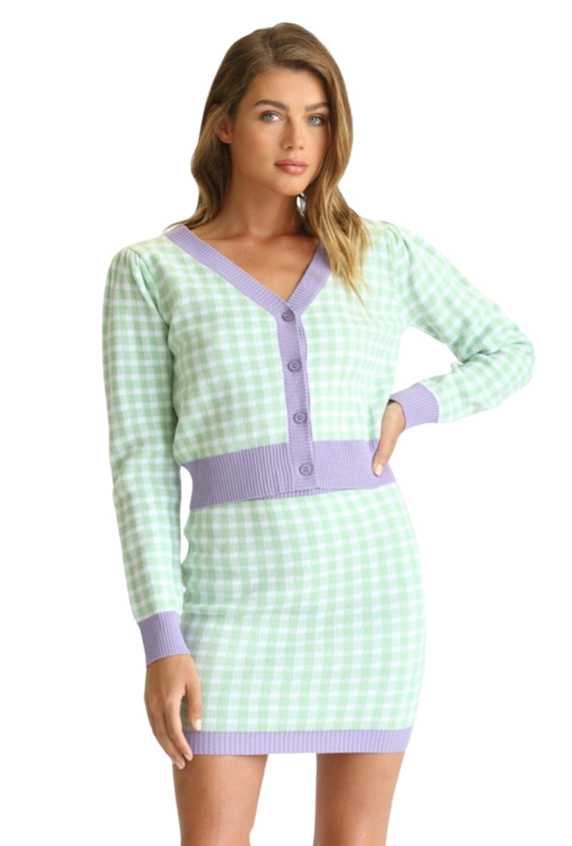 Apparel- Fate Plaid Knit Cardigan Set Lime