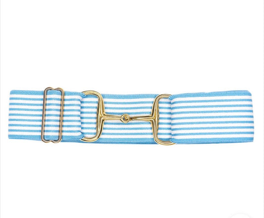 Belts- Light Blue Stripes 2 In Gold Snaffle Elastic Belt