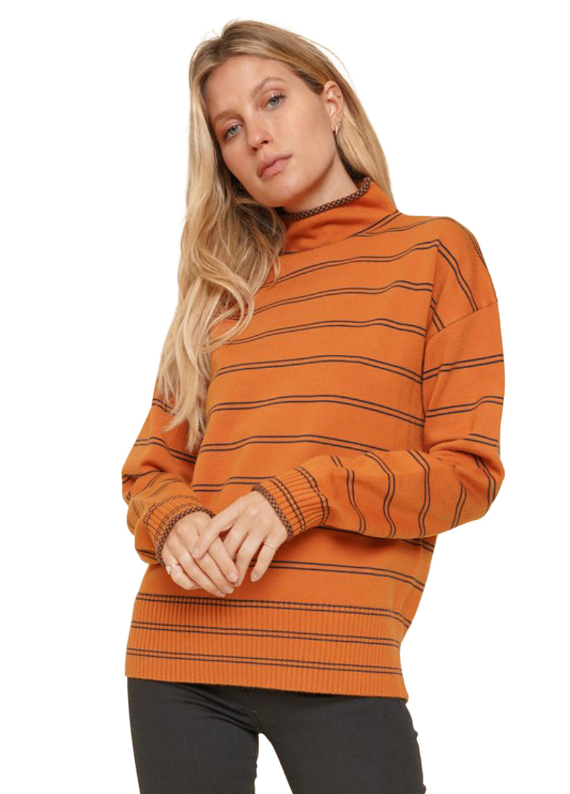 Apparel Hem and Thread Burnt Orange Turtleneck Sweater with Blue Stripes
