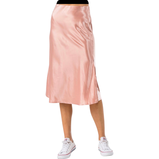 Apparel- Fanco Satin Side Slit Midi Skirt in Mellow Rose