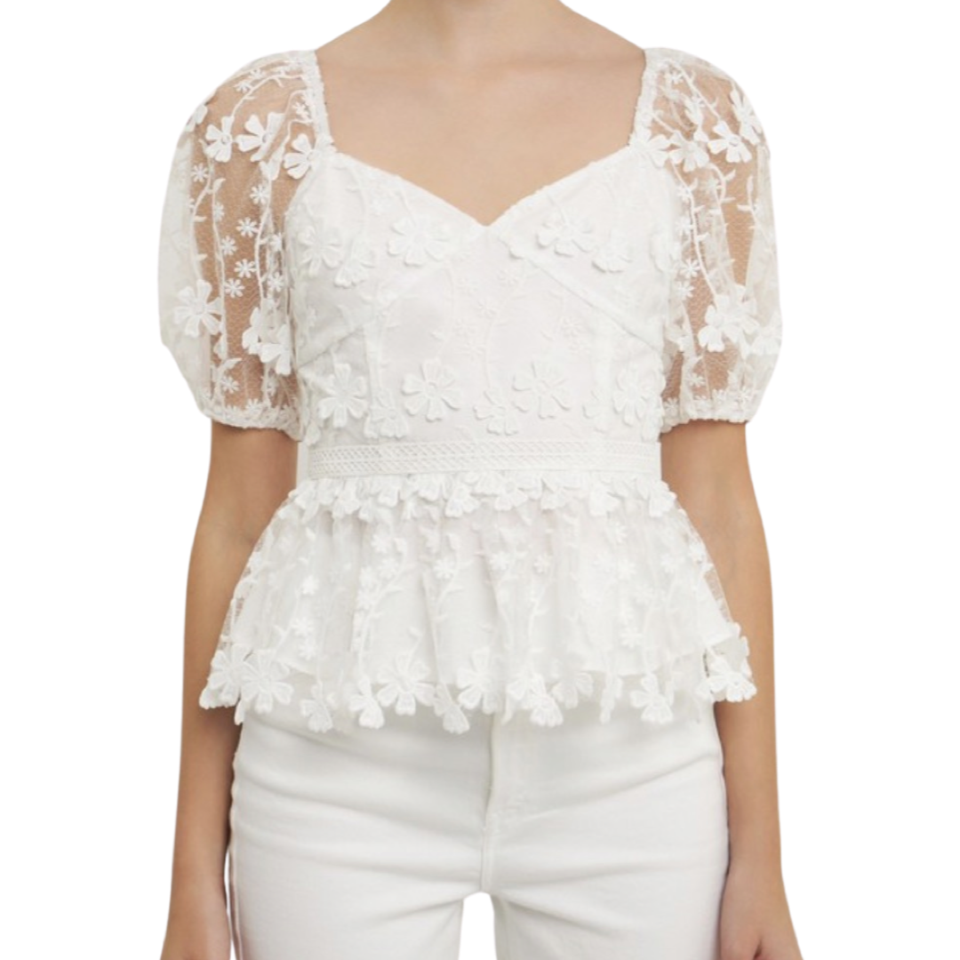 Apparel- Endless Rose Crochet Puff Sleeve Top