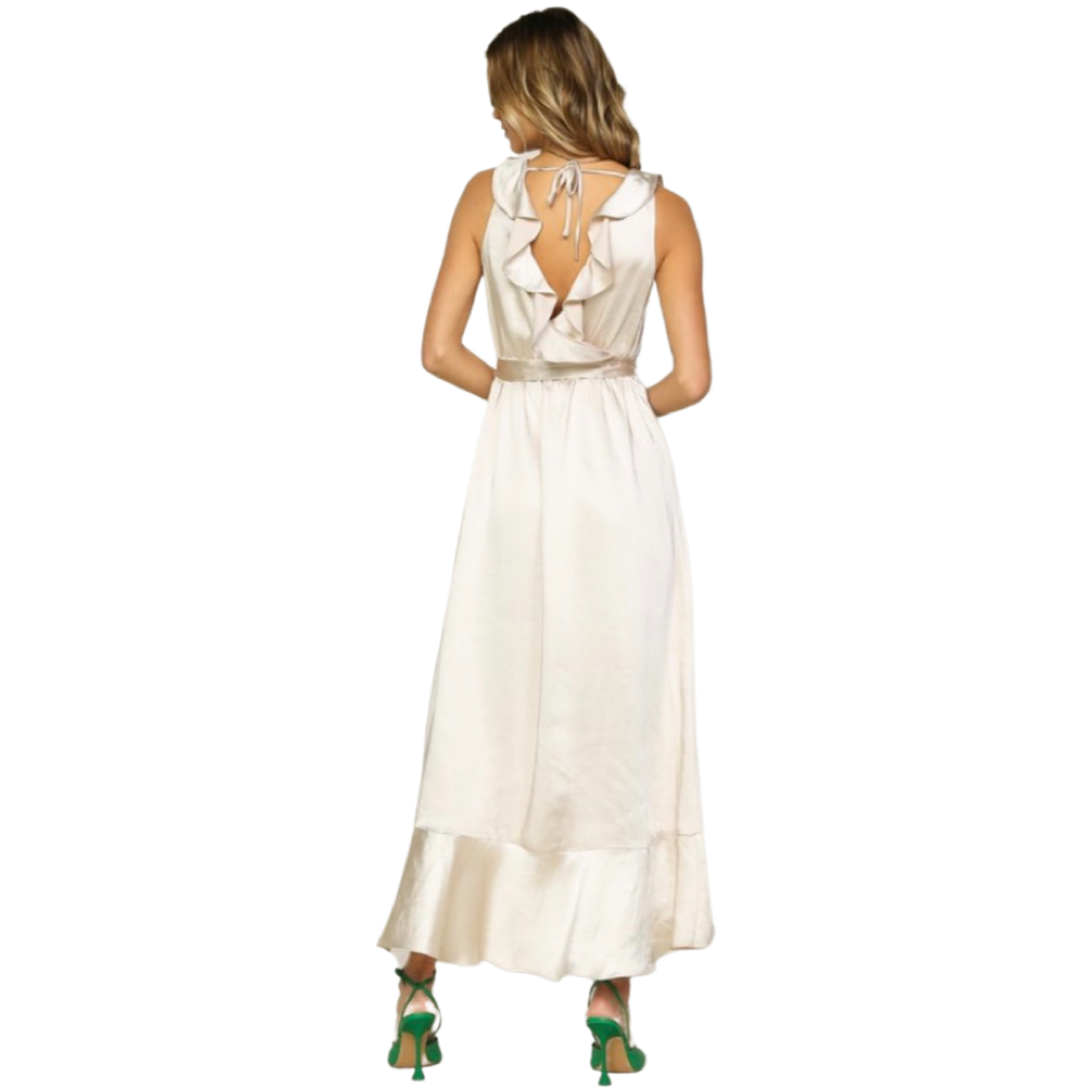 Apparel- Skies Are Blue Satin Ruffle Maxi Dress Champagne