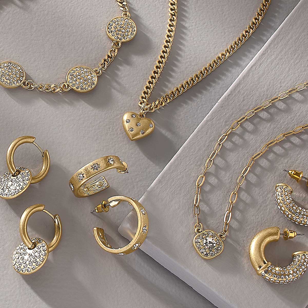 Necklaces- Canvas Micaela Rhinestone Studded Puffed Hear Necklace in Worn Gold