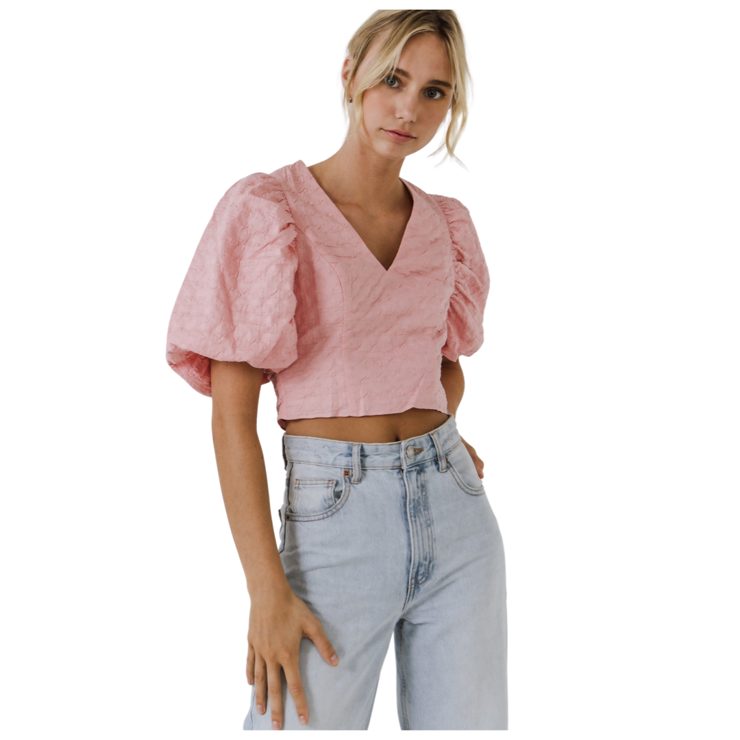 Apparel- Endless Rose Puff Sleeve Check Jacquard Crop Top
