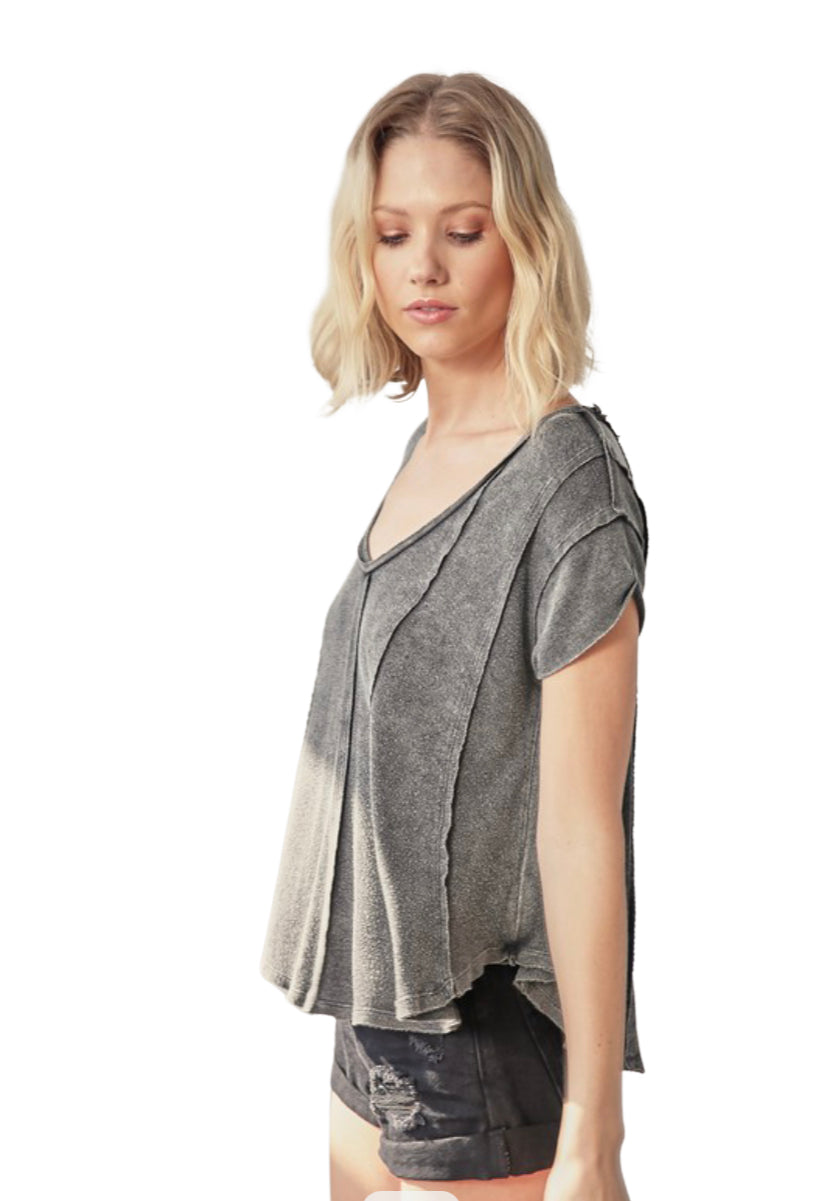 Apparel- Mustard Seed V Neck Pleat Shirt Charcoal