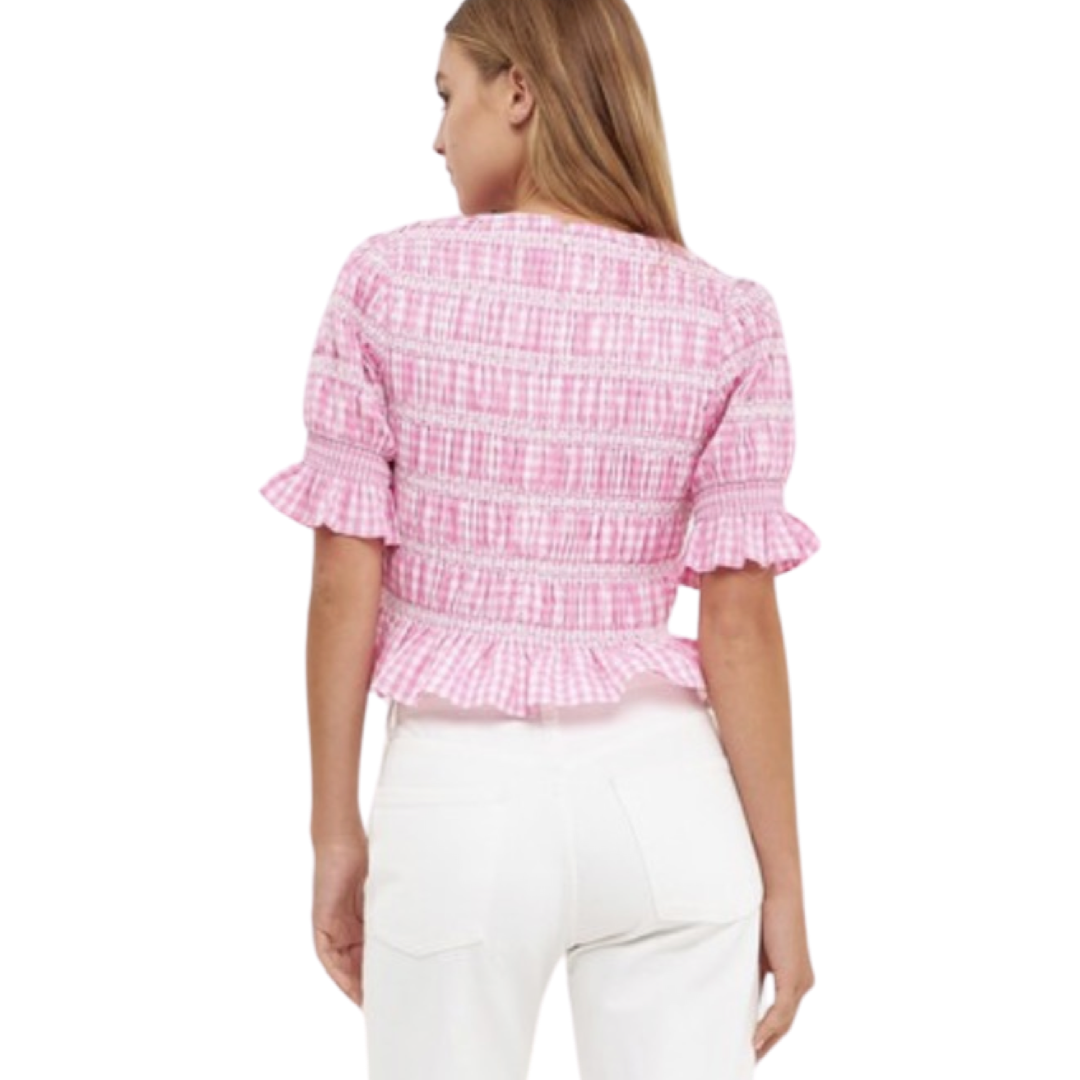 Apparel- English Factory Gingham Smocked Puffed Sleeve Top