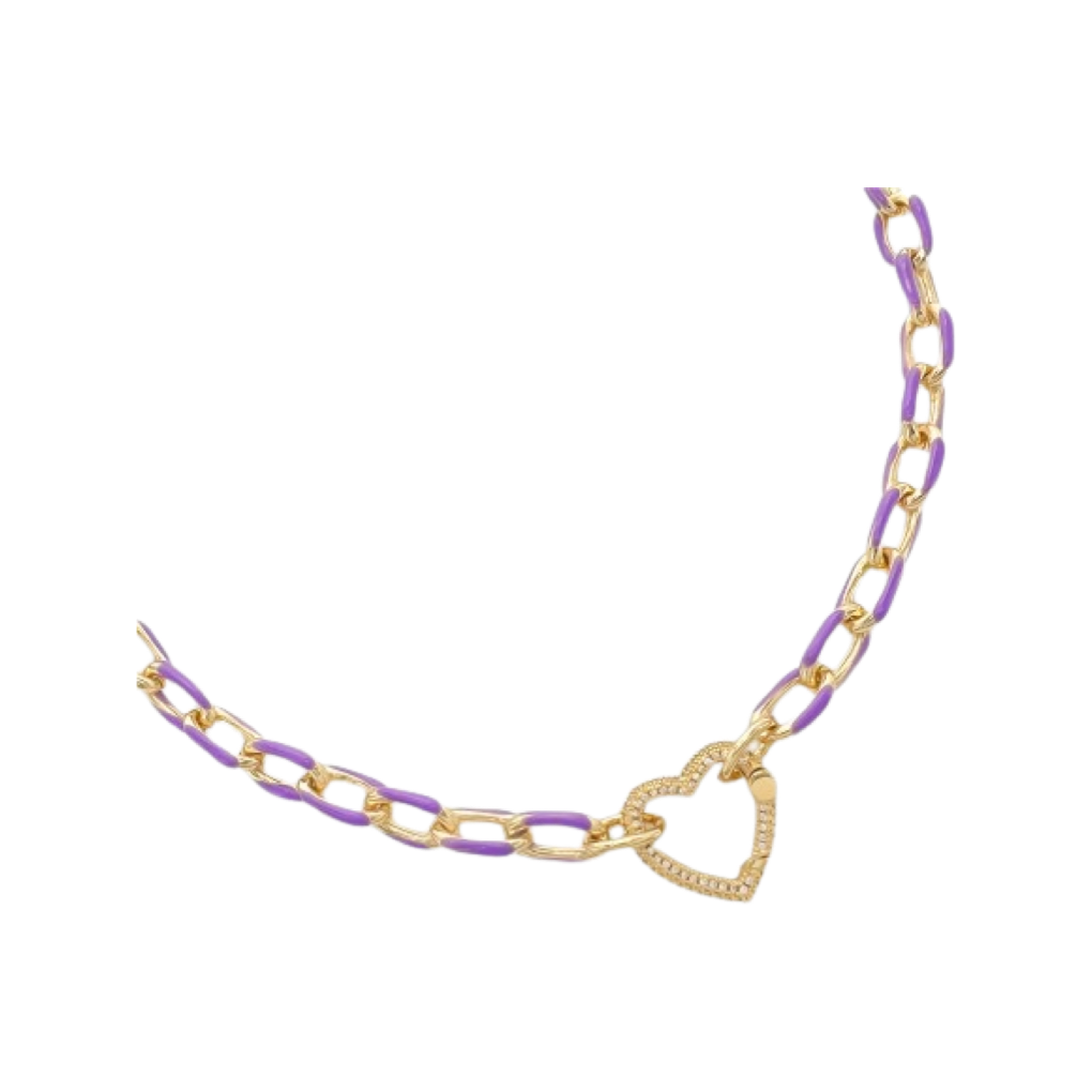 Necklace- M&E Bling Heart CZ Enamel Paperclip Chain