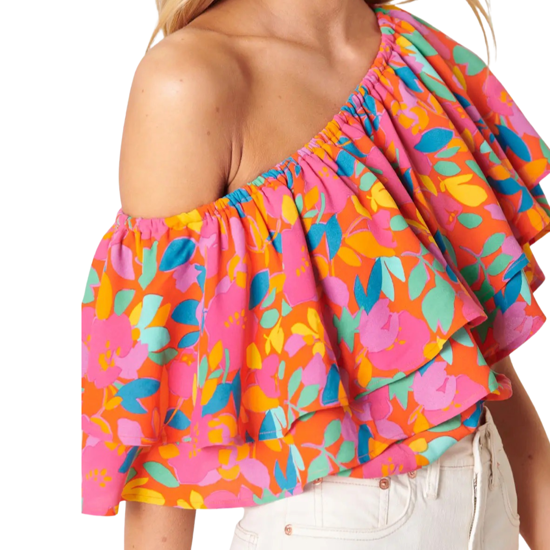 Apparel- Sugarlips Sweet Soul Fruity Floral One Shoulder Ruffle Top