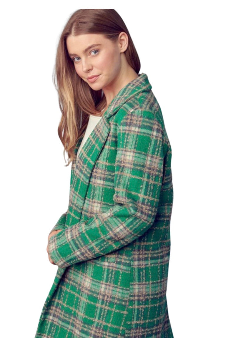 Apparel- En Merci Check Collard Neck and Notched Lapels Coat Green