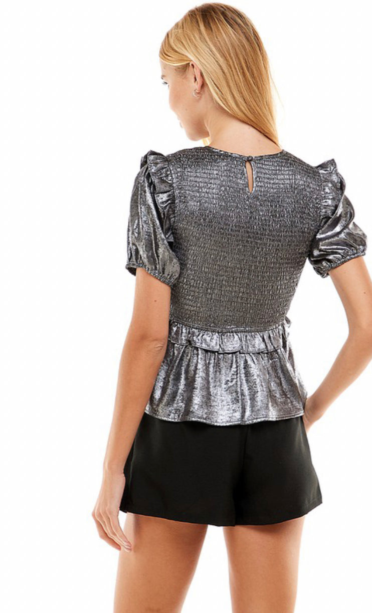 Apparel- TCEC Shiny Smocked Puff Sleeve Top Silver