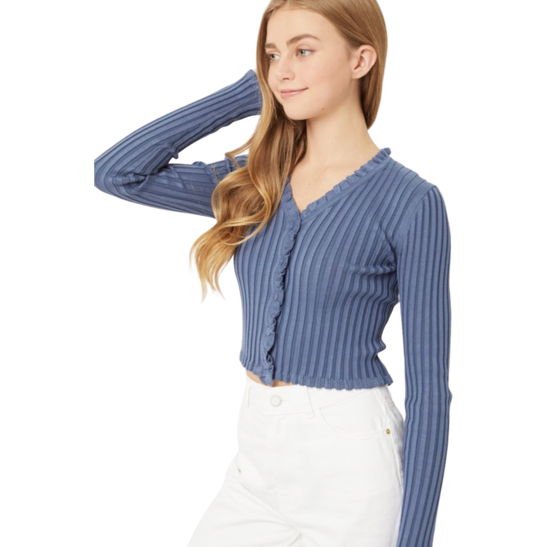 Apparel- Love Tree Lettuce Trim Button Up Cropped Cardigan Top