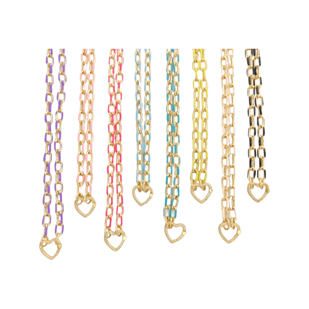 Necklace- M&E Bling Heart CZ Enamel Paperclip Chain