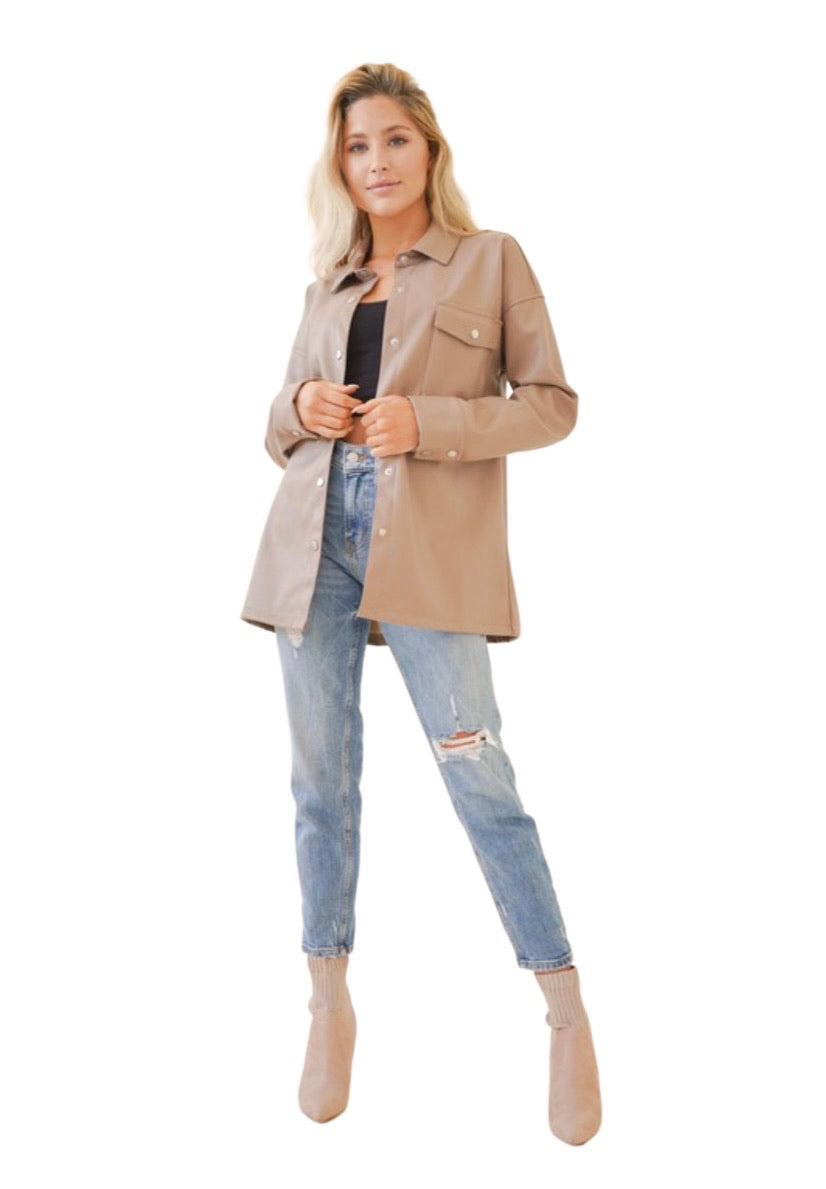 Apparel- Hem and Thread Leather Button Down Oversized Shirt Jacket- Taupe