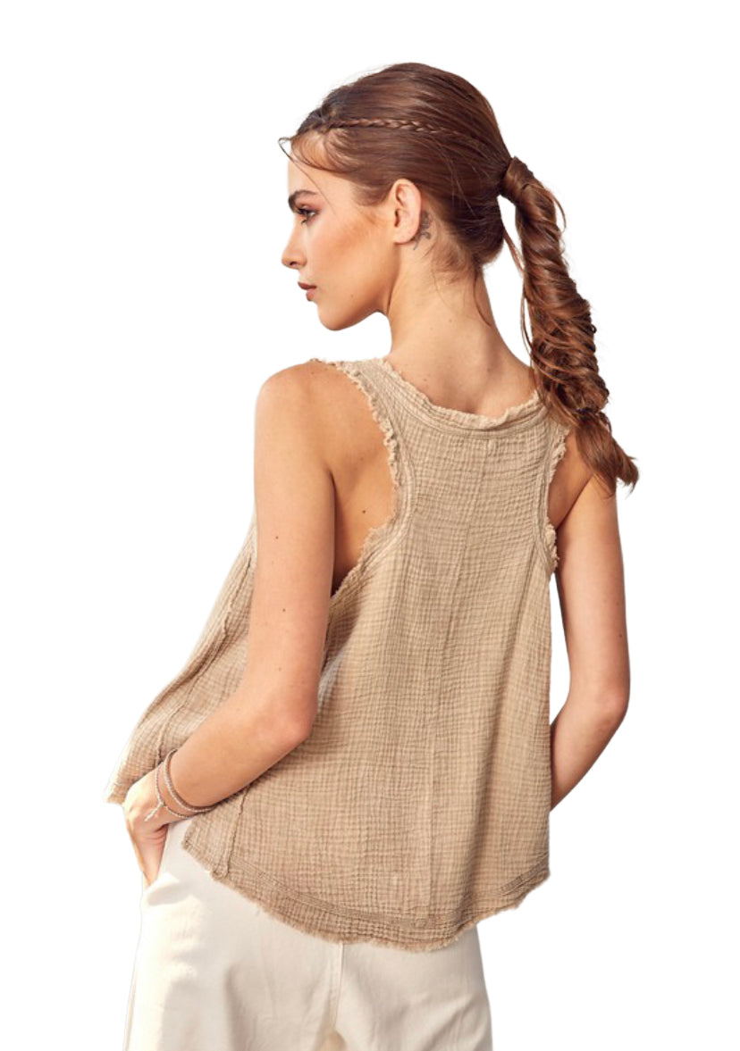 Apparel- Mustard Seed Sleeveless V Neck Waffle Weave Top Taupe
