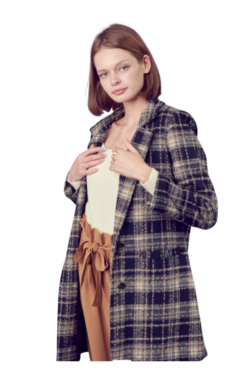 Apparel- En Merci Check Collard Neck and Notched Lapels Peacoat