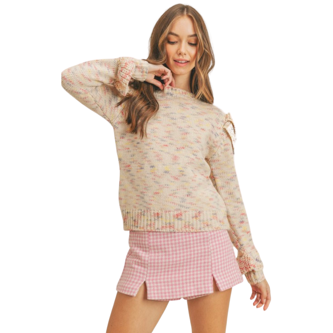 Apparel- En Merci Ruffled Shoulder Mix Knit Sweater