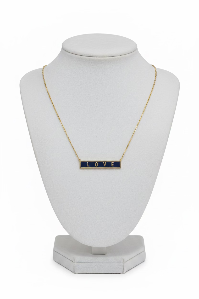 Necklaces- M&E Bling Black Bar “LOVE” Necklace with Paper Clip Chain