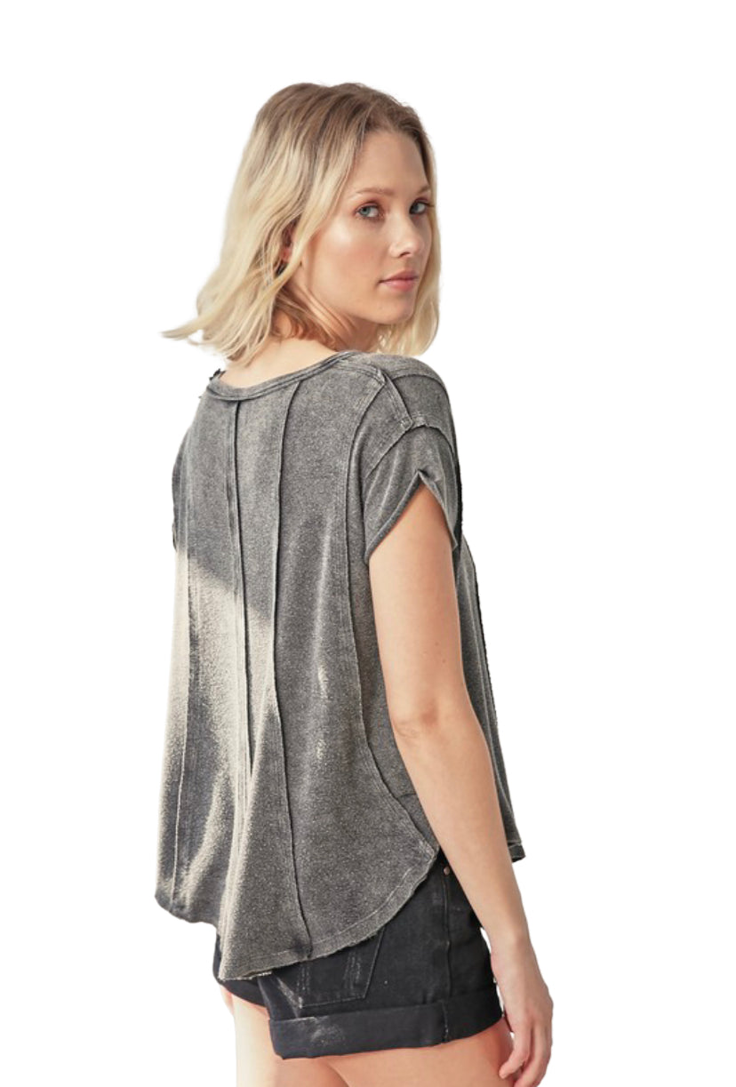 Apparel- Mustard Seed V Neck Pleat Shirt Charcoal