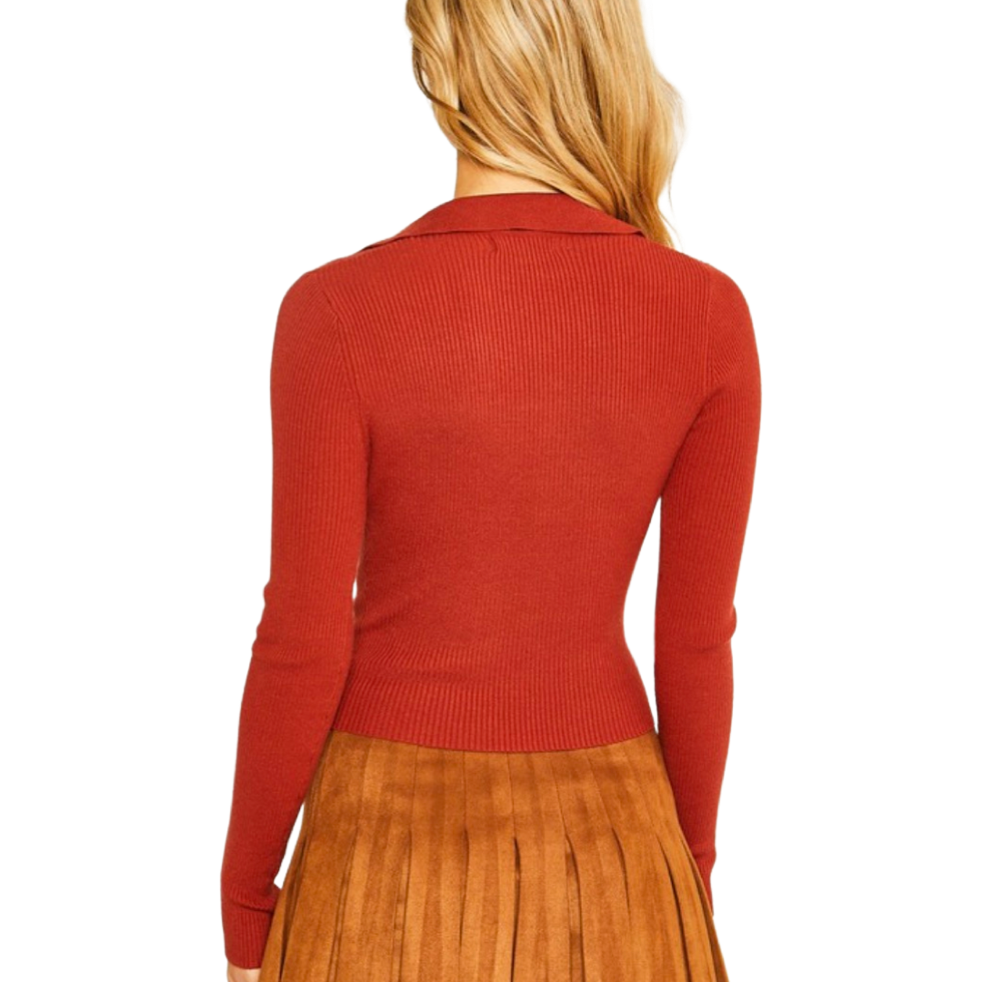 Apparel- Love Tree Collared V Neck Sweater Top