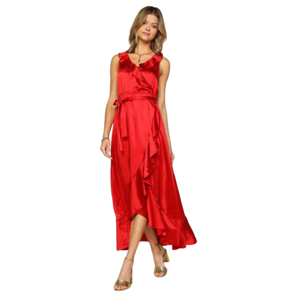 Apparel- Skies Are Blue Satin Ruffle Maxi Dress Red