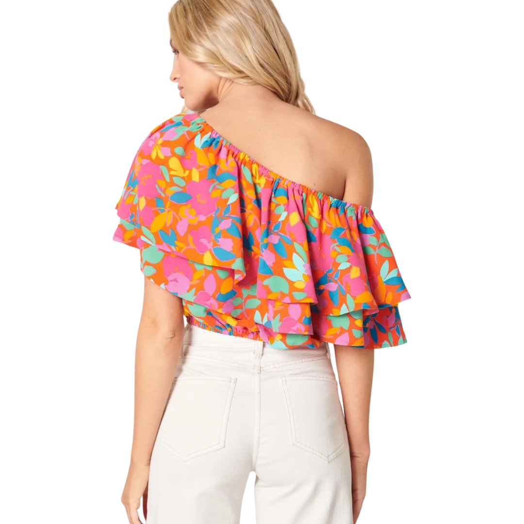 Apparel- Sugarlips Sweet Soul Fruity Floral One Shoulder Ruffle Top