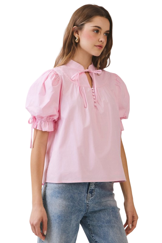 TCEC Stand Collar Tie Front Blouse Top