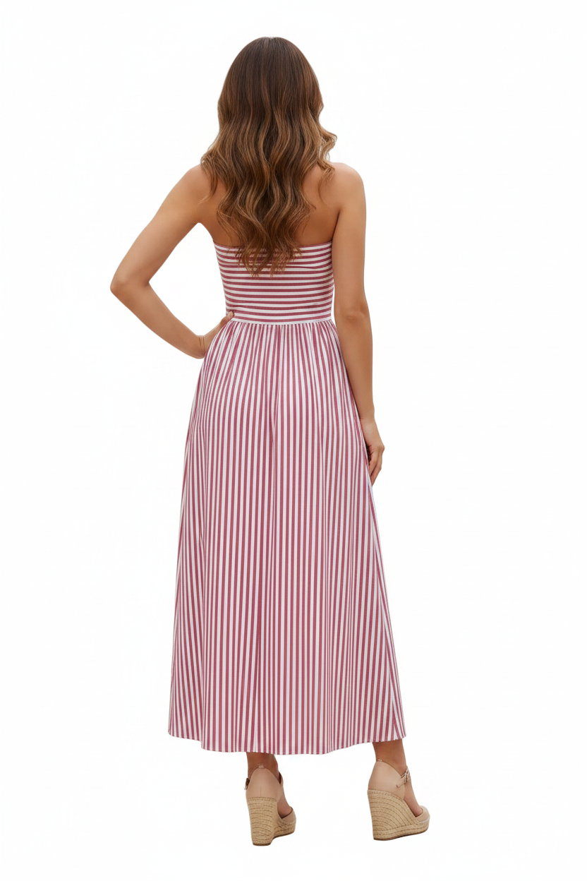 Needii Strapless Striped Ruched Bodice Maxi Dress