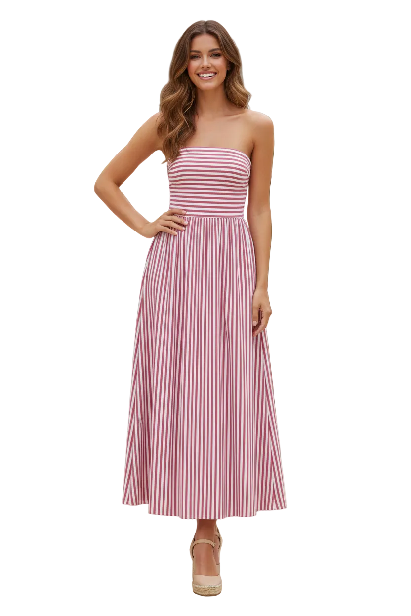 Needii Strapless Striped Ruched Bodice Maxi Dress