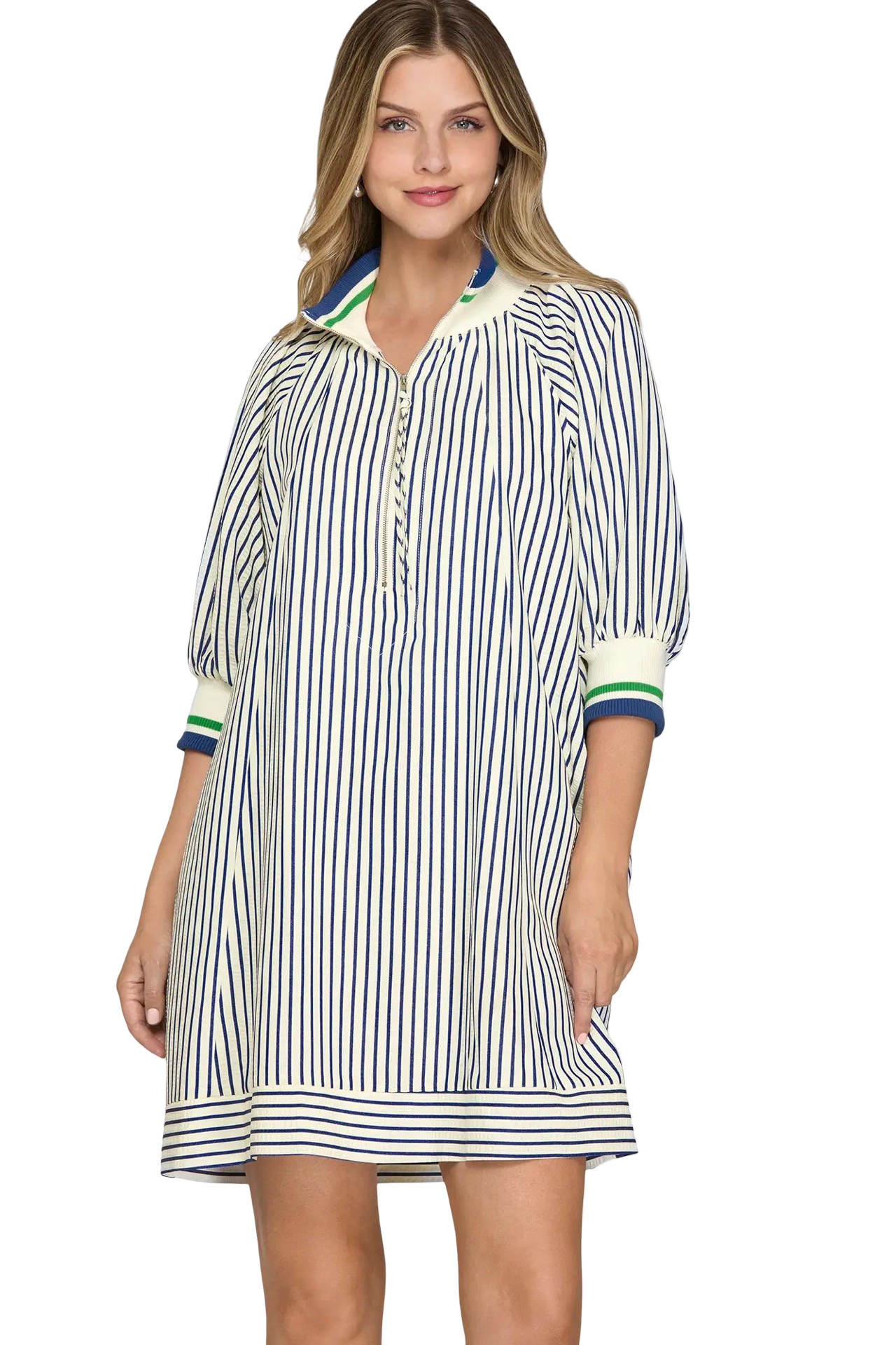 She+Sky  1/2 Sleeve Zip Striped Mini Dress