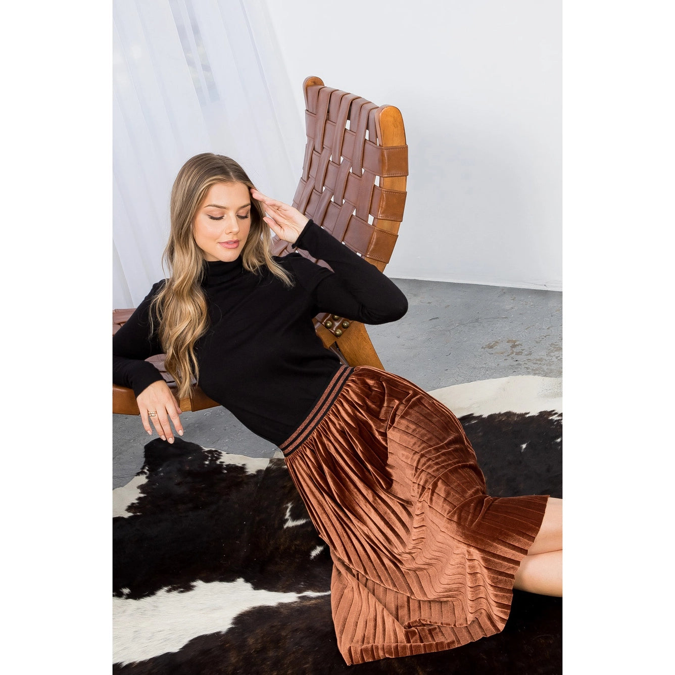 Apparel- THML Velvet Pleated Midi Skirt