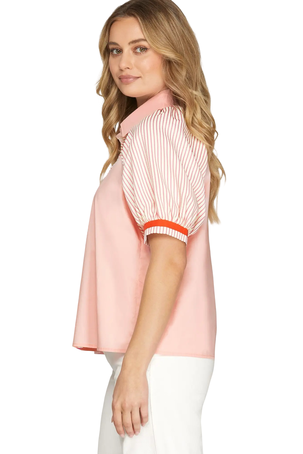 She+Sky Short Sleeve Button Down Color Block BlouseTop