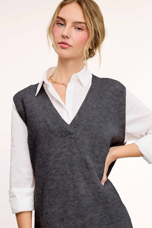 Apparel- La Miel Oversized V Neck Sleeveless Sweater