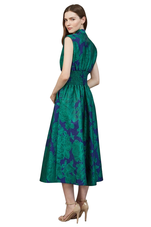 Apparel-Fate Floral Jacquard Front Zip Midi Dress