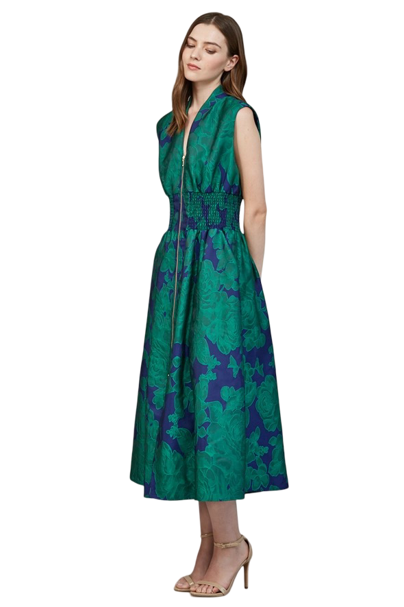 Apparel-Fate Floral Jacquard Front Zip Midi Dress