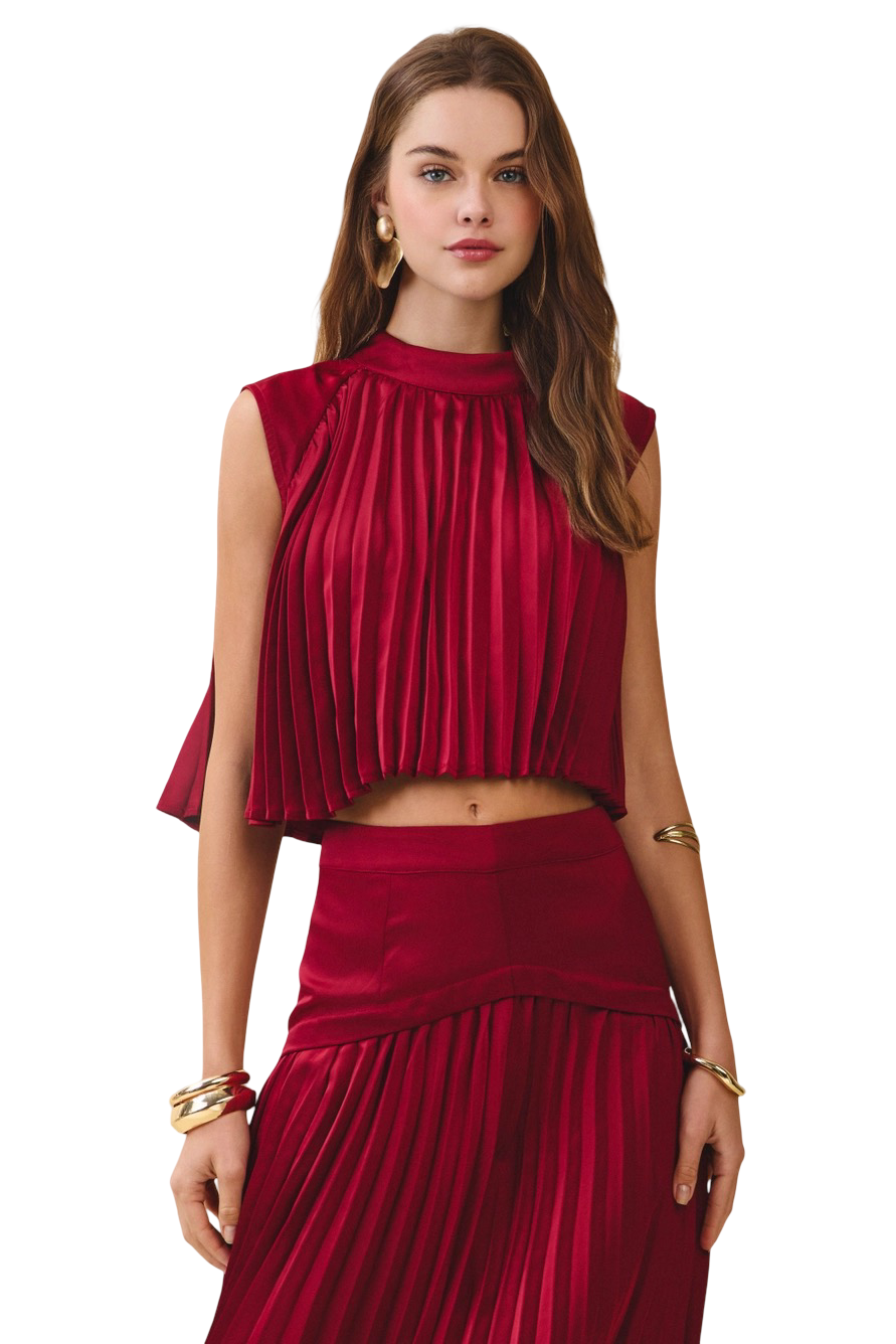 Apparel-TCEC Mock Neck Overlay Pleated Crop Top Top