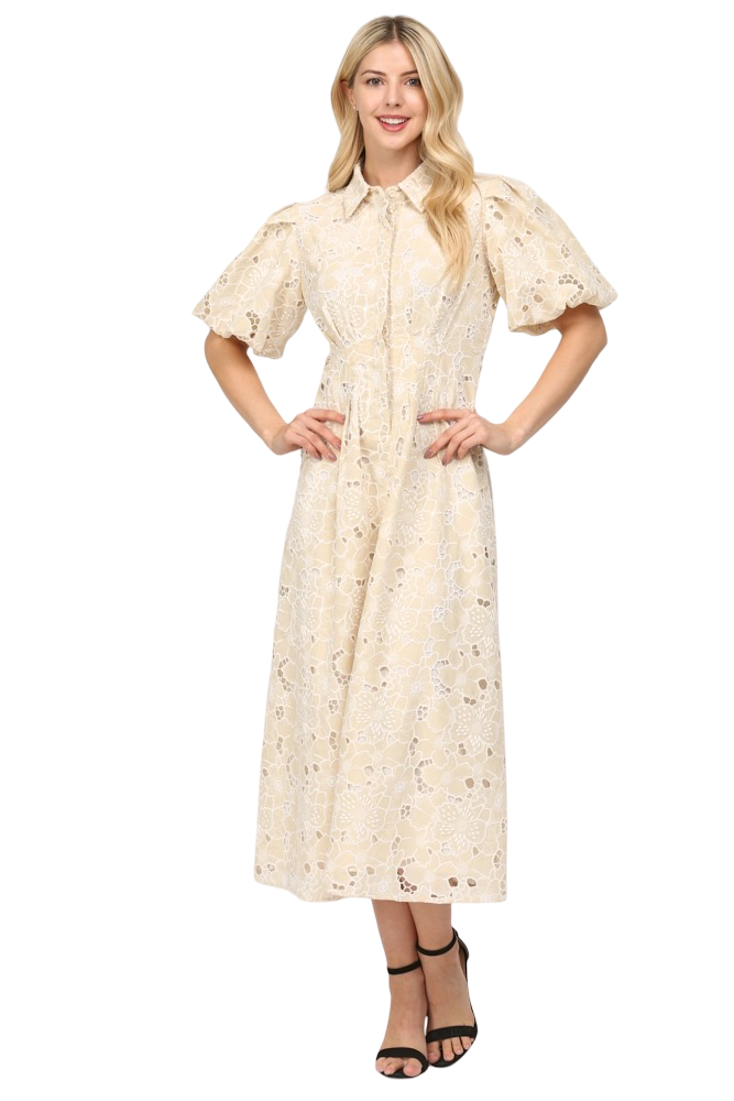 Apparel-Fate Pleated Waist Half Button Eyelet Midi Dress