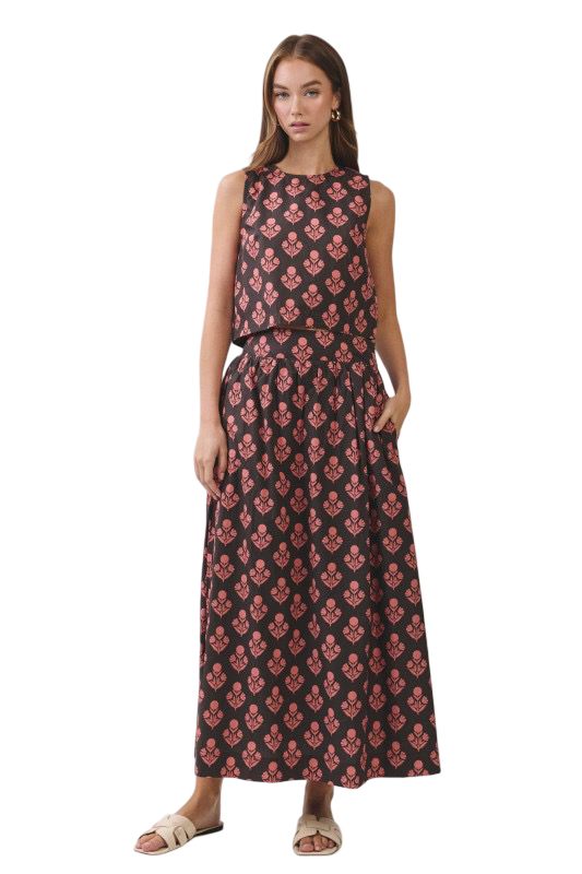TCEC Floral Print Partial Smocked Back Maxi Skirt