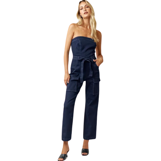 Apparel- Blue Blush Tube Denim Jumpsuit With Tie Waist